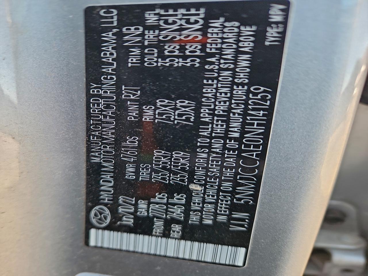 2022 Hyundai Tucson Sel VIN: 5NMJCCAE0NH141259 Lot: 93456615