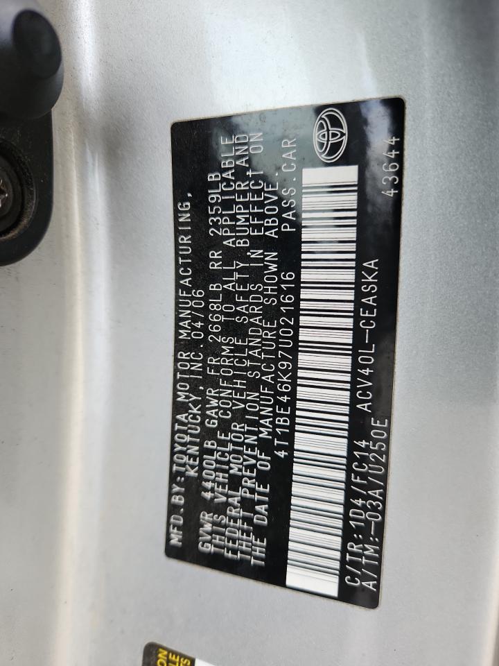 2007 Toyota Camry Ce VIN: 4T1BE46K97U021616 Lot: 92130985