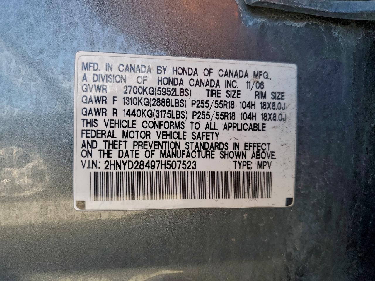 2007 Acura Mdx Technology VIN: 2HNYD28497H507523 Lot: 93912665