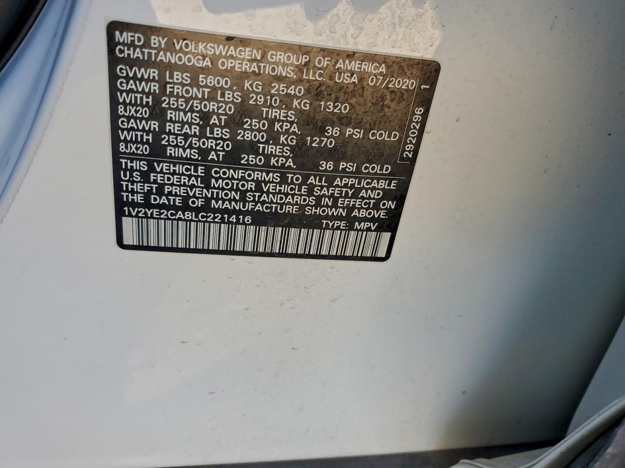 2020 Volkswagen Atlas Cross Sport Se VIN: 1V2YE2CA8LC221416 Lot: 94561125