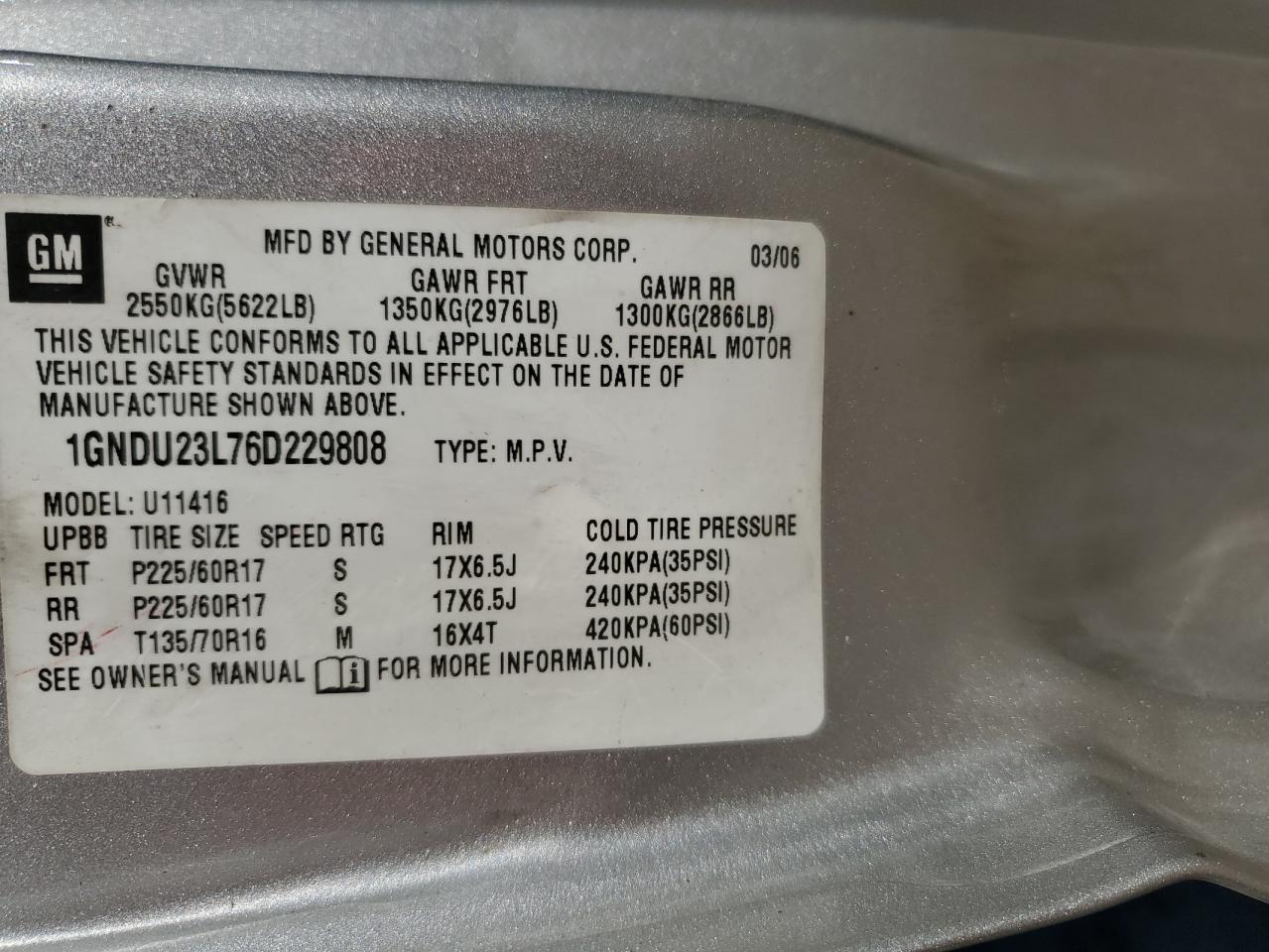 2006 Chevrolet Uplander Ls VIN: 1GNDU23L76D229808 Lot: 92406605