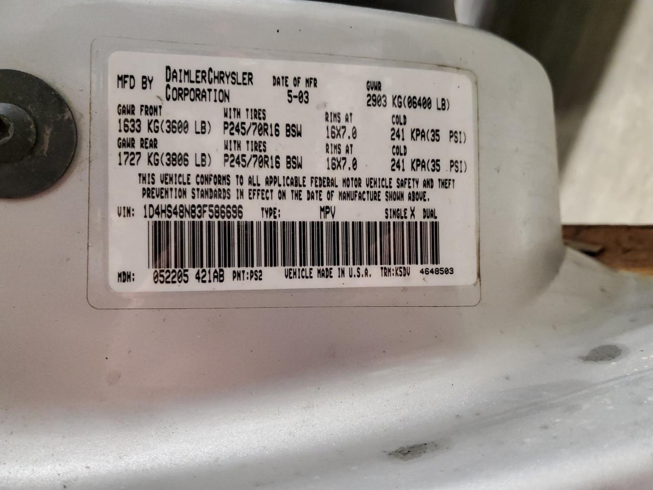 2003 Dodge Durango Slt VIN: 1D4HS48N83F586696 Lot: 92681555