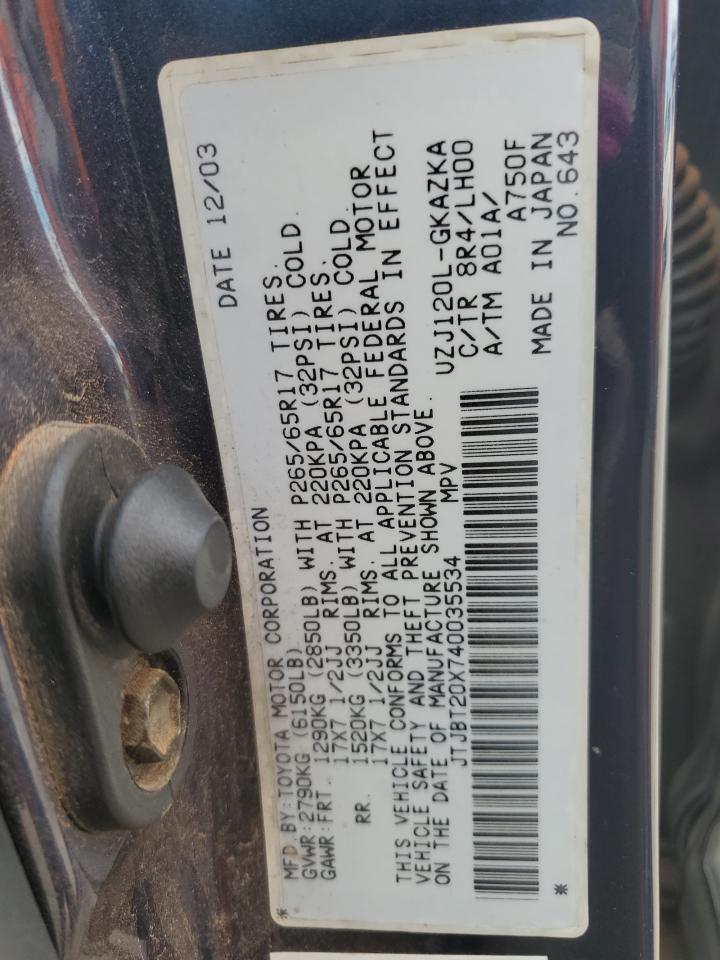 2004 Lexus Gx 470 VIN: JTJBT20X740035534 Lot: 92294635