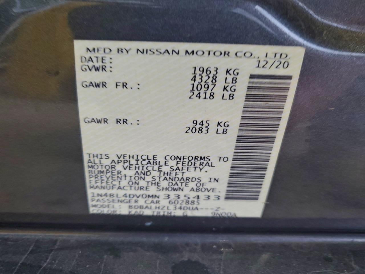 2021 Nissan Altima Sv VIN: 1N4BL4DV0MN335433 Lot: 91944685