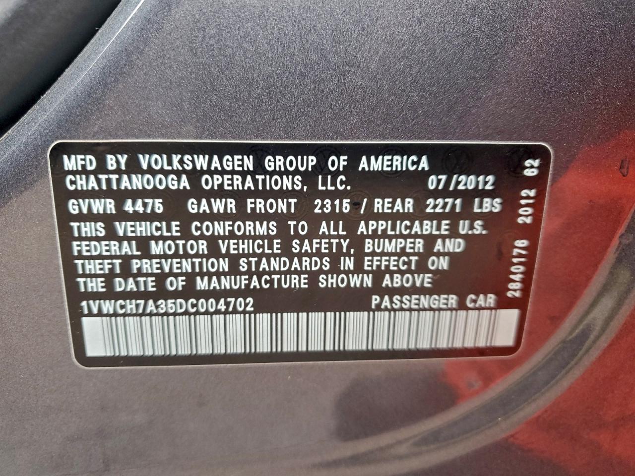 2013 Volkswagen Passat Sel VIN: 1VWCH7A35DC004702 Lot: 93838725