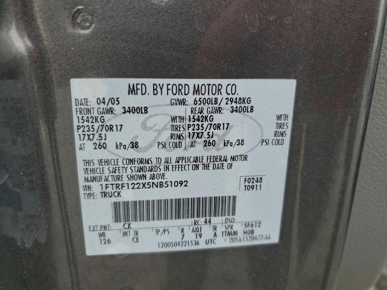 2005 Ford F150 VIN: 1FTRF122X5NB51092 Lot: 94302235