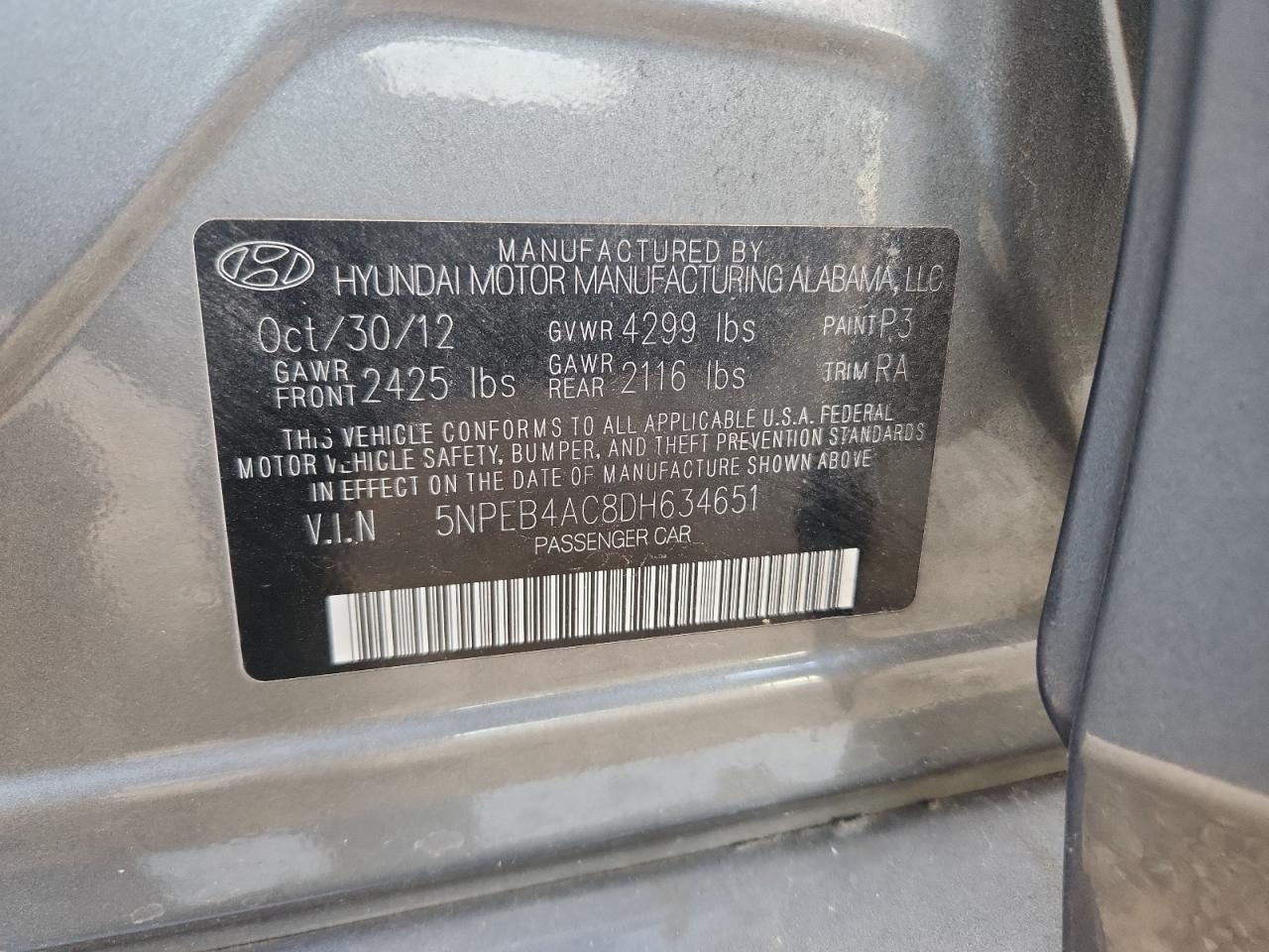 2013 Hyundai Sonata Gls VIN: 5NPEB4AC8DH634651 Lot: 93291275