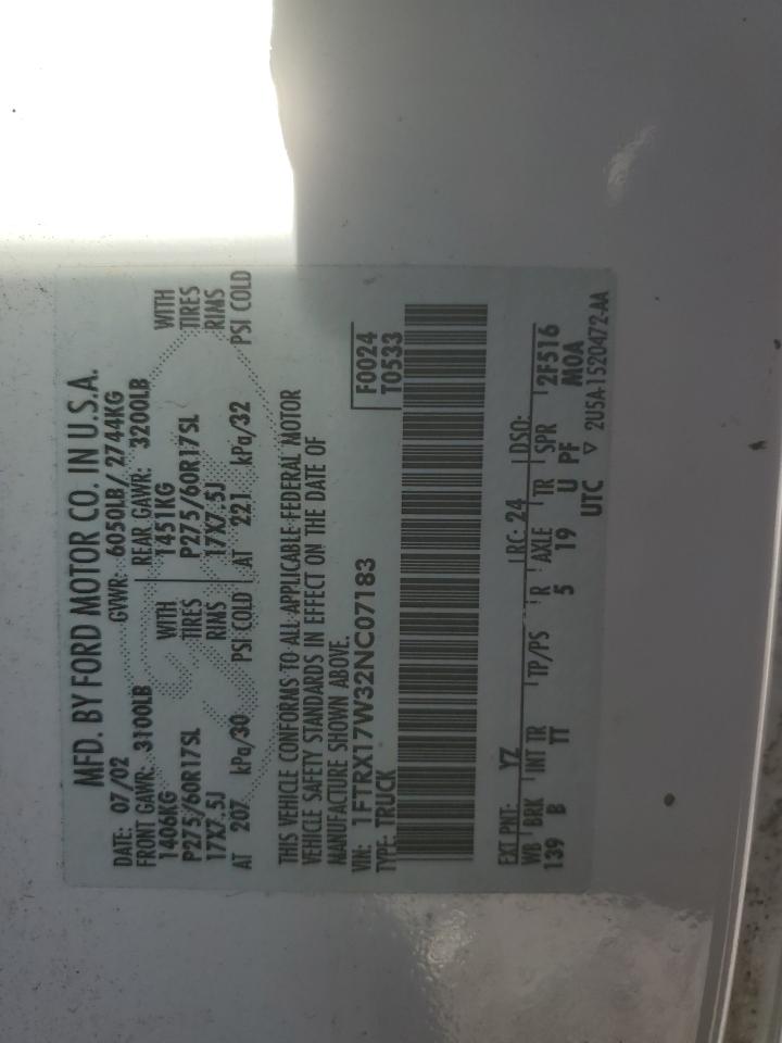 2002 Ford F150 VIN: 1FTRX17W32NC07183 Lot: 92117005