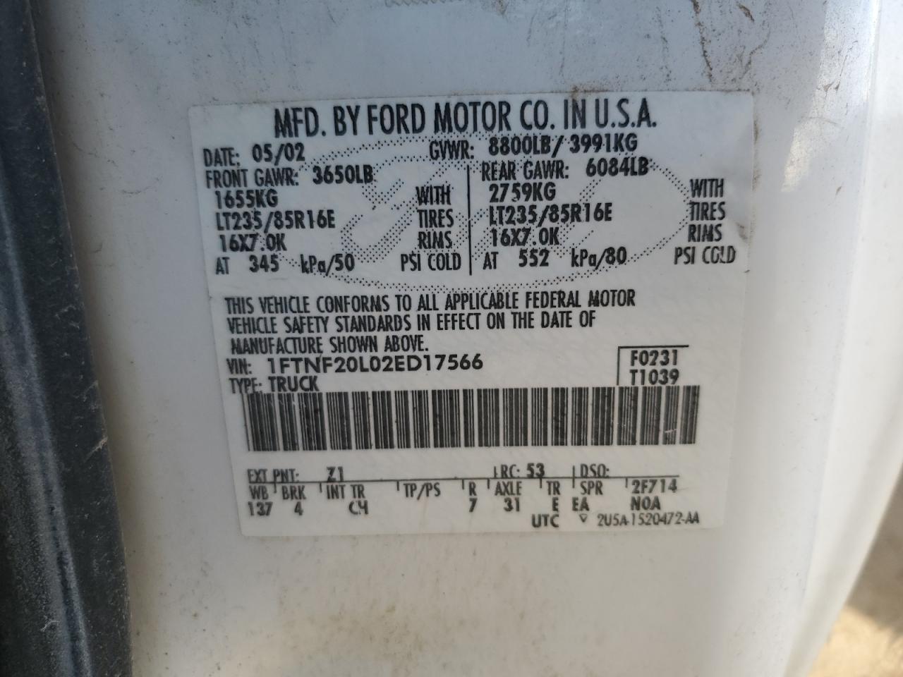 2002 Ford F250 Super Duty VIN: 1FTNF20L02ED17566 Lot: 92442925