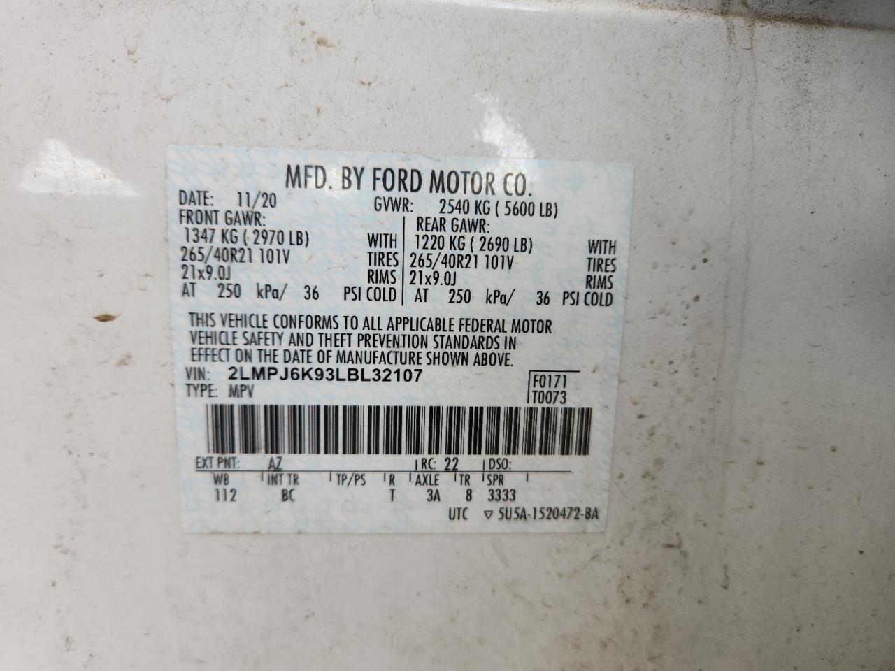 2020 Lincoln Nautilus Reserve VIN: 2LMPJ6K93LBL32107 Lot: 93316895