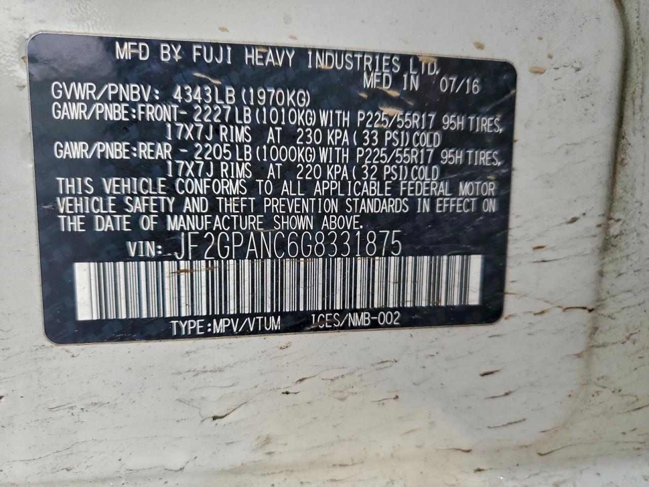 2016 Subaru Crosstrek Limited VIN: JF2GPANC6G8331875 Lot: 94350765