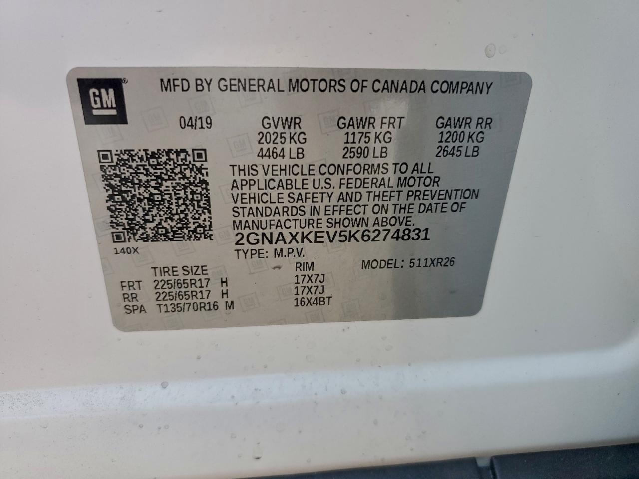 2019 Chevrolet Equinox Lt VIN: 2GNAXKEV5K6274831 Lot: 93860355