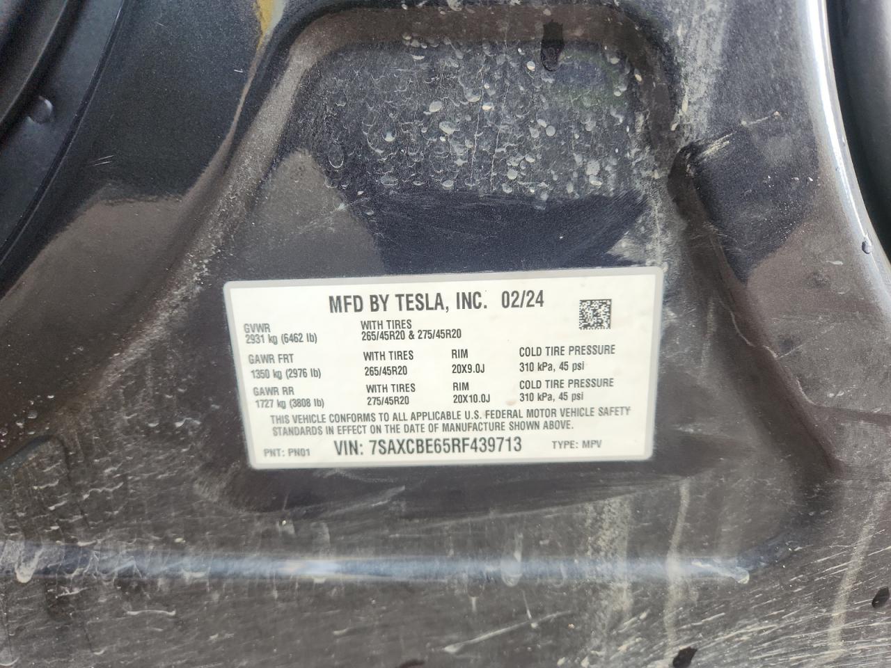 2024 Tesla Model X VIN: 7SAXCBE65RF439713 Lot: 93110265