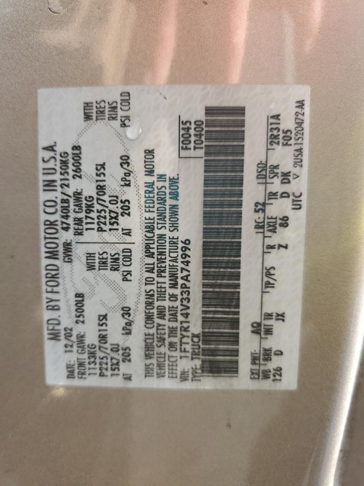 2003 Ford Ranger Super Cab VIN: 1FTYR14V33PA74996 Lot: 92685755