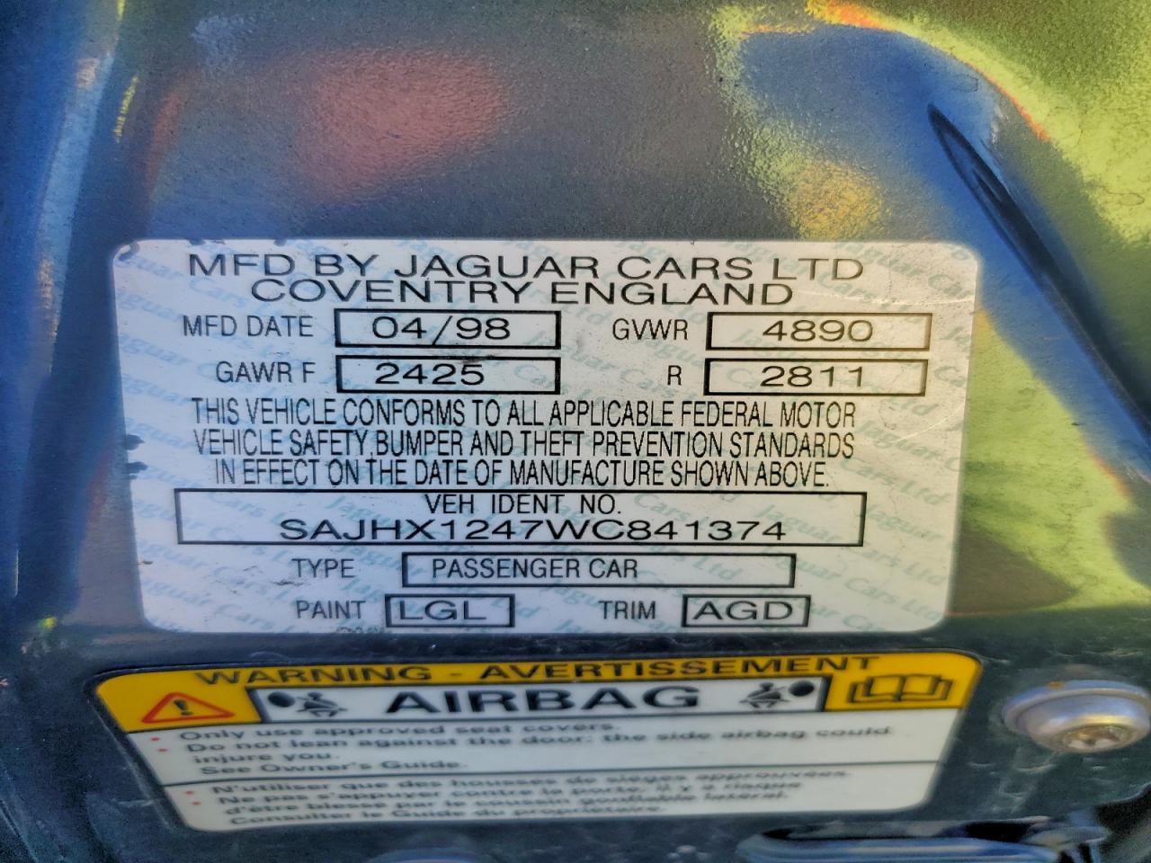 1998 Jaguar Xj8 VIN: SAJHX1247WC841374 Lot: 86193975