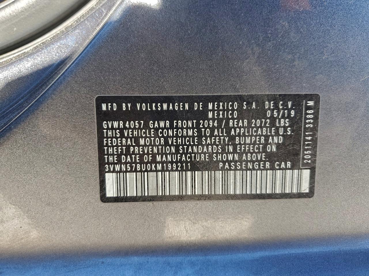 2019 Volkswagen Jetta S VIN: 3VWN57BU0KM199211 Lot: 94581565