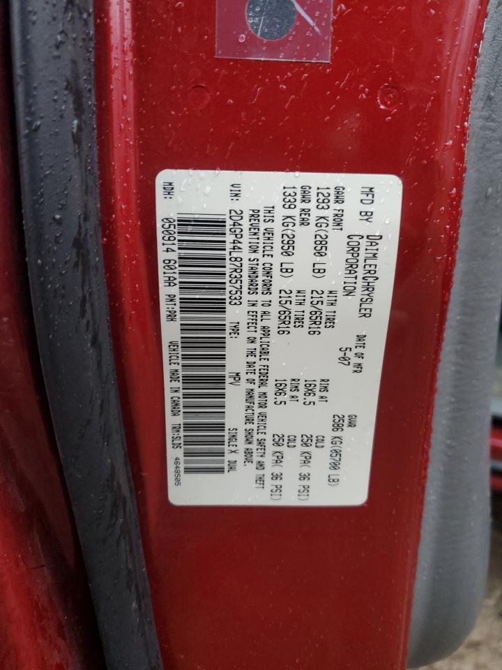 2007 Dodge Grand Caravan Sxt VIN: 2D4GP44L87R357533 Lot: 91710755