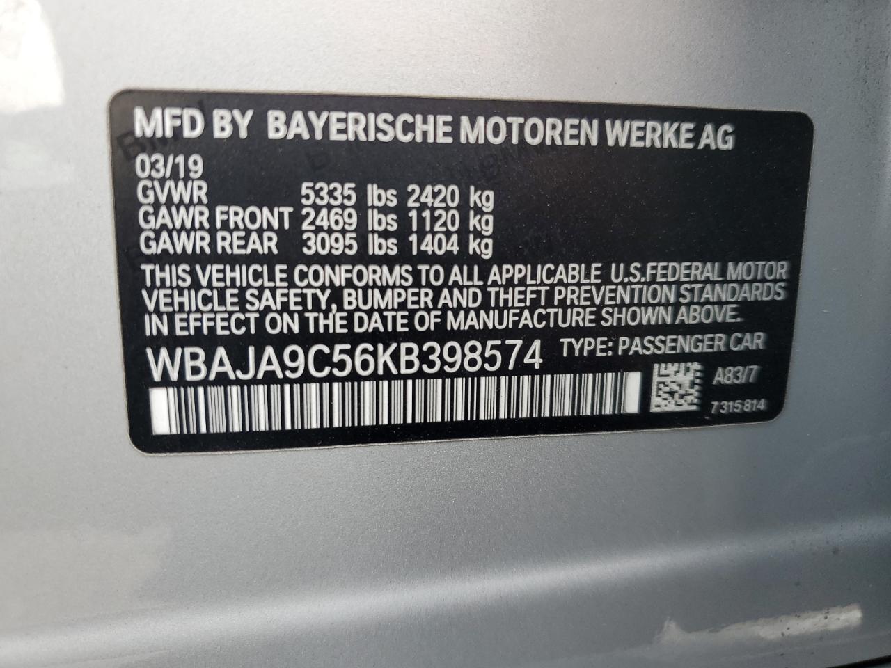 2019 BMW 530E VIN: WBAJA9C56KB398574 Lot: 93651345