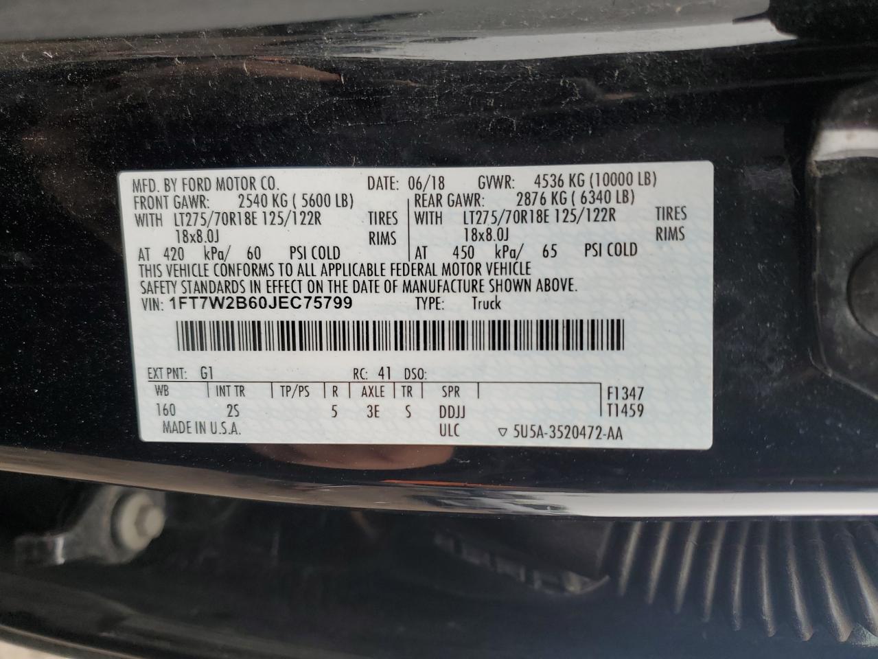 2018 Ford F250 Super Duty VIN: 1FT7W2B60JEC75799 Lot: 93812305