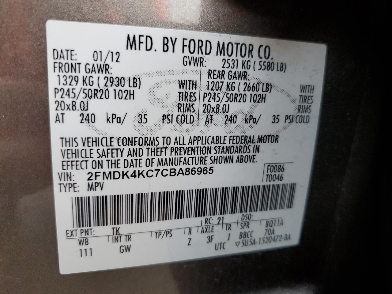 2012 Ford Edge Limited VIN: 2FMDK4KC7CBA86965 Lot: 93266475