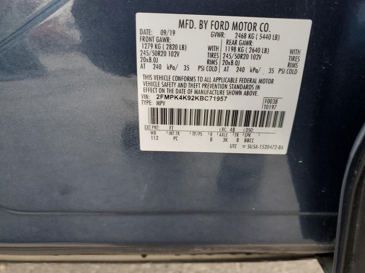 2019 Ford Edge Titanium VIN: 2FMPK4K92KBC71957 Lot: 92095765