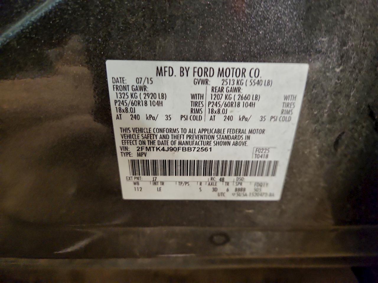 2015 Ford Edge Sel VIN: 2FMTK4J90FBB72561 Lot: 93223355