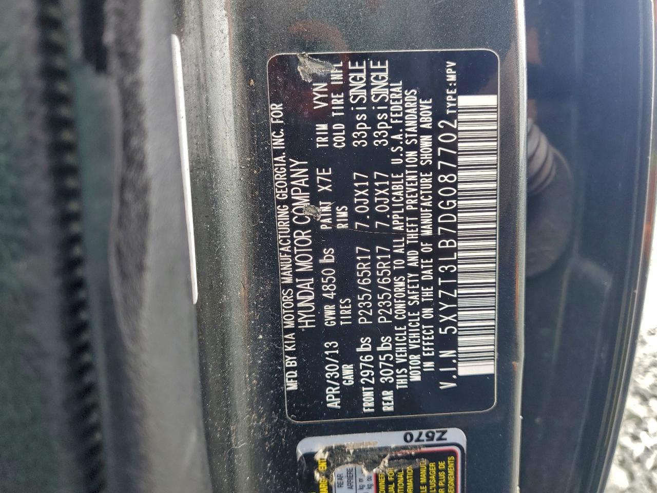 2013 Hyundai Santa Fe Sport VIN: 5XYZT3LB7DG087702 Lot: 93780705