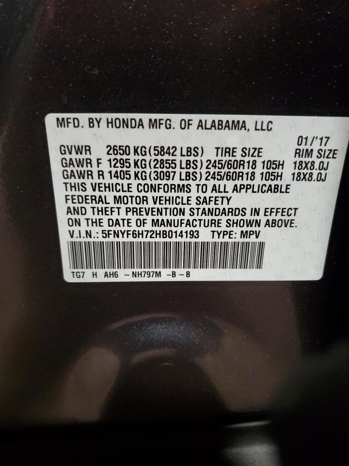 2017 Honda Pilot Exln VIN: 5FNYF6H72HB014193 Lot: 93101965