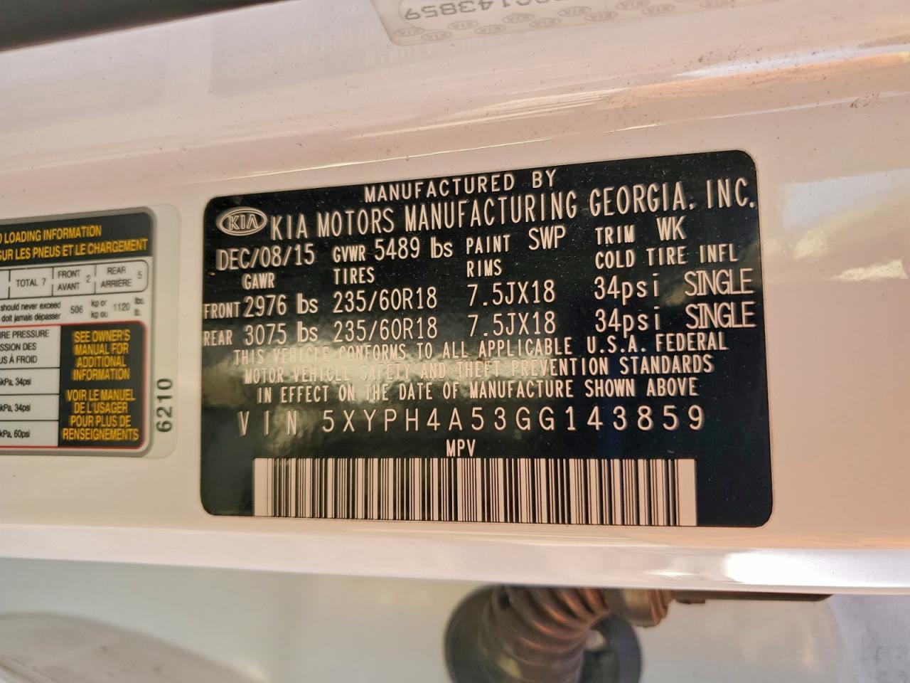 2016 Kia Sorento Ex VIN: 5XYPH4A53GG143859 Lot: 93925195