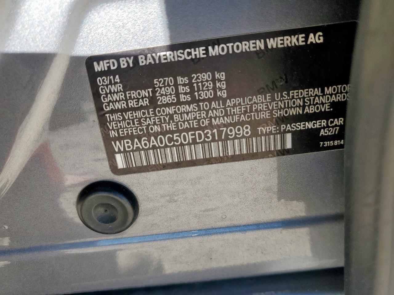 2015 BMW 640 I Gran Coupe VIN: WBA6A0C50FD317998 Lot: 92209955