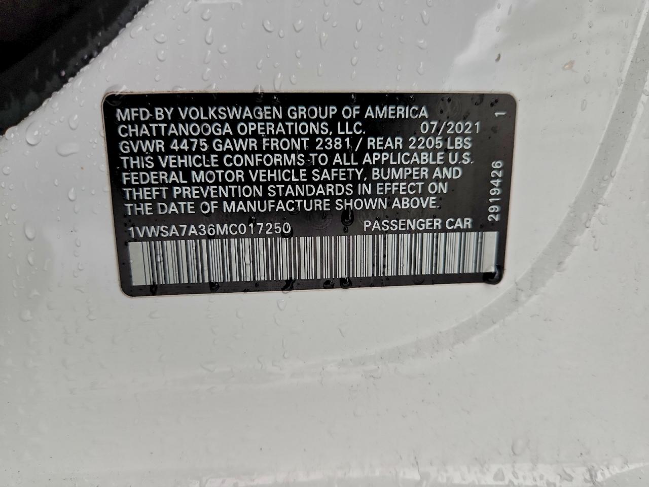 2021 Volkswagen Passat Se VIN: 1VWSA7A36MC017250 Lot: 93927035