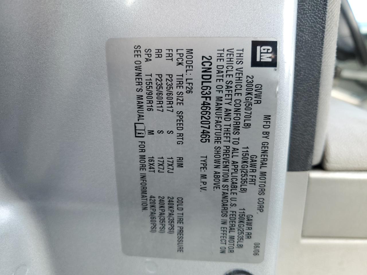 2006 Chevrolet Equinox Lt VIN: 2CNDL63F466207465 Lot: 91379725