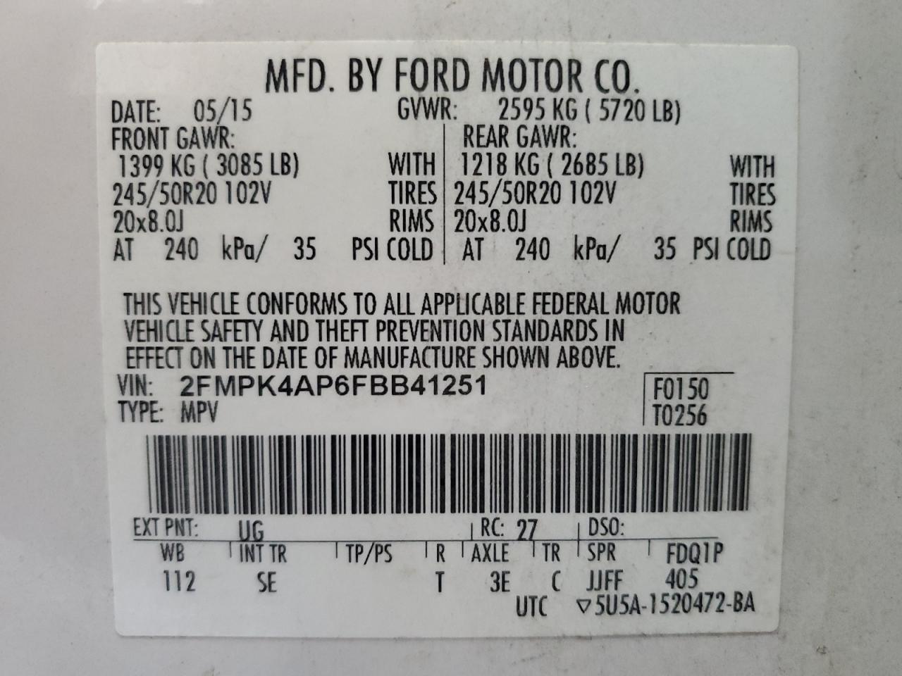 2015 Ford Edge Sport VIN: 2FMPK4AP6FBB41251 Lot: 93231555