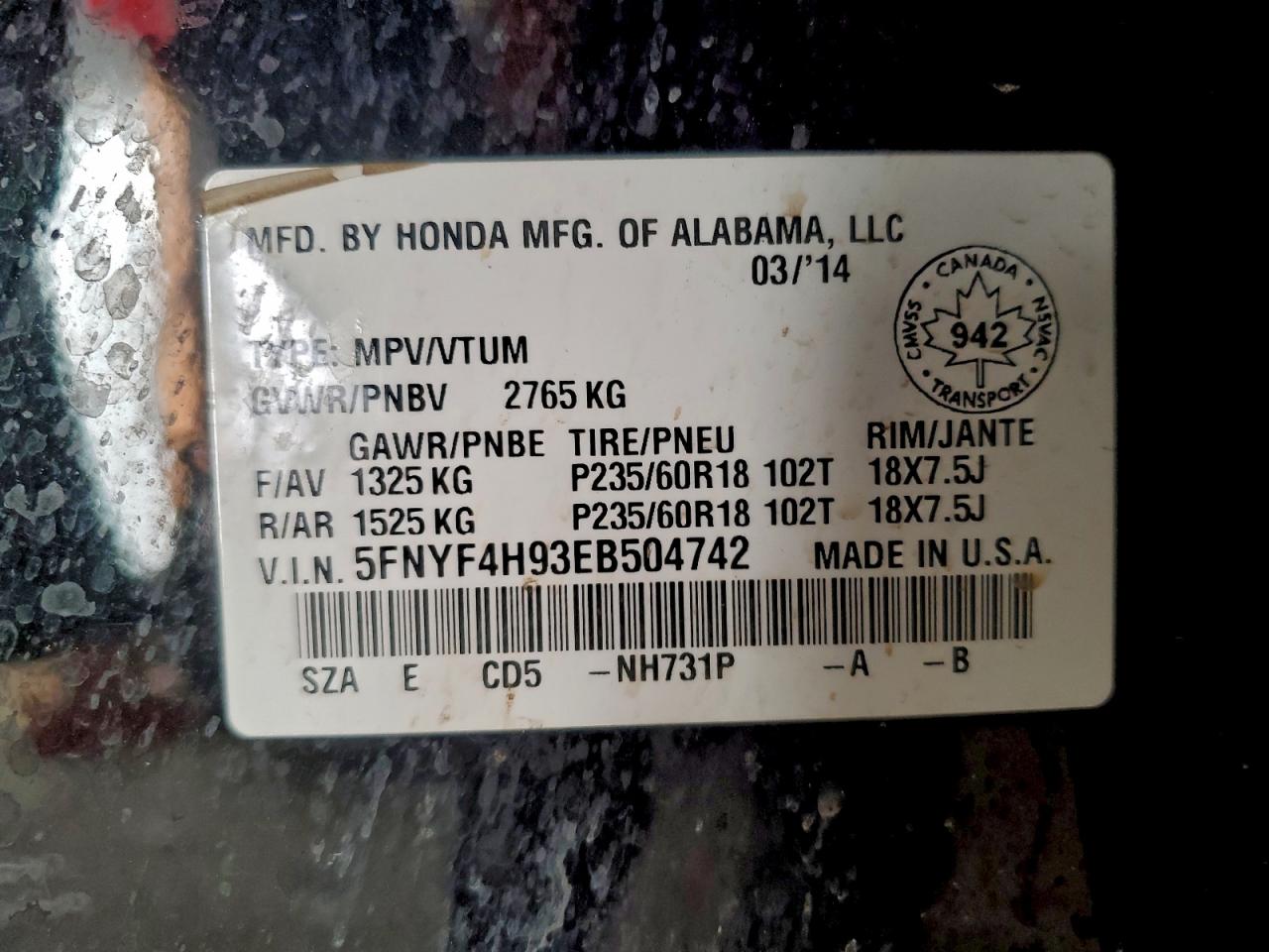 2014 Honda Pilot Touring VIN: 5FNYF4H93EB504742 Lot: 94115845