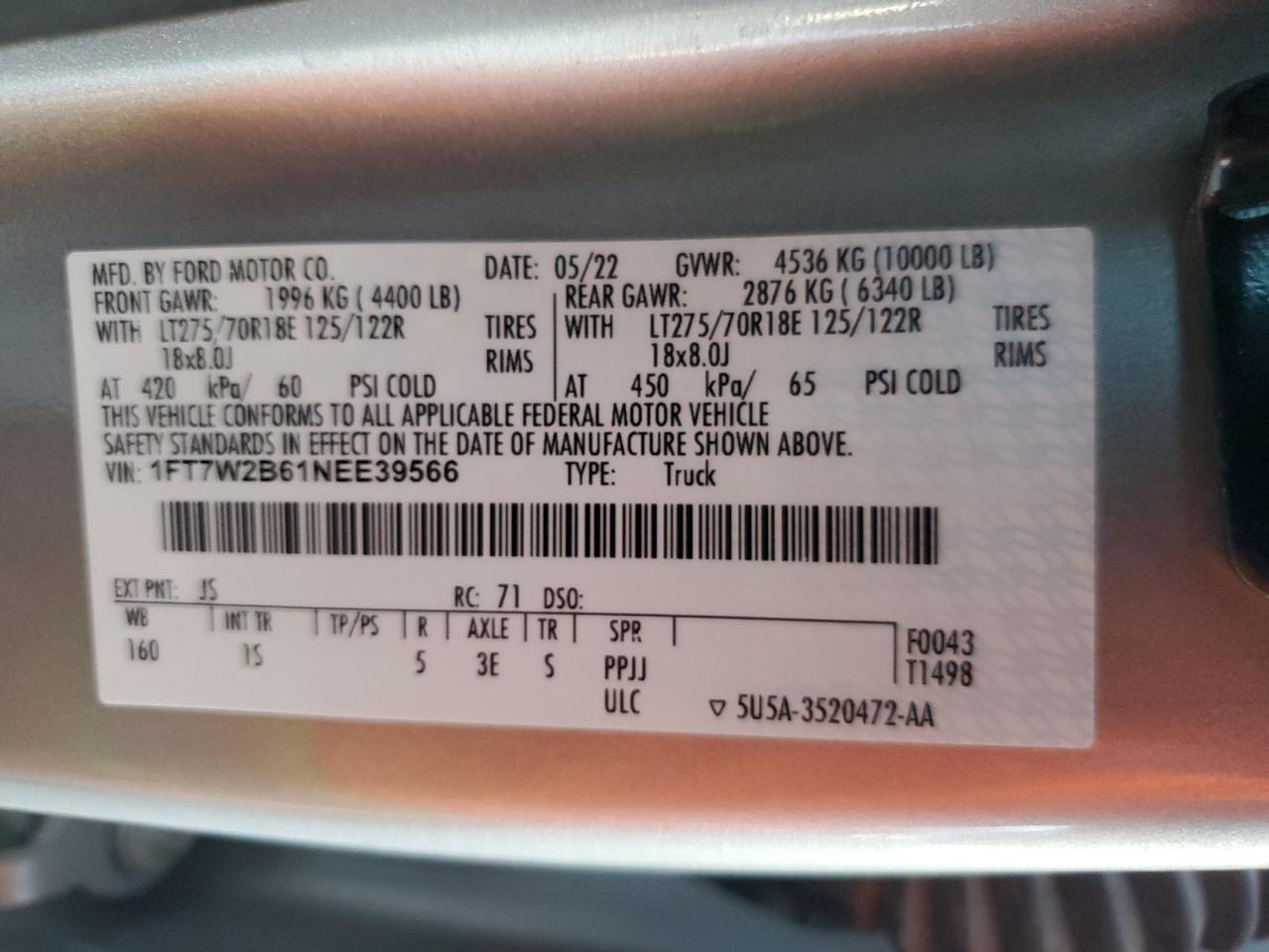 2022 Ford F250 Super Duty VIN: 1FT7W2B61NEE39566 Lot: 91833845