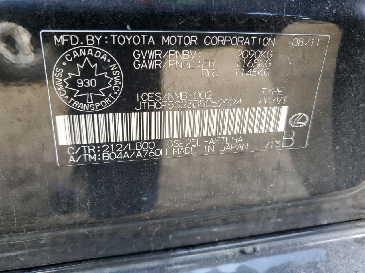 2011 Lexus Is 250 VIN: JTHCF5C23B5052524 Lot: 92046955