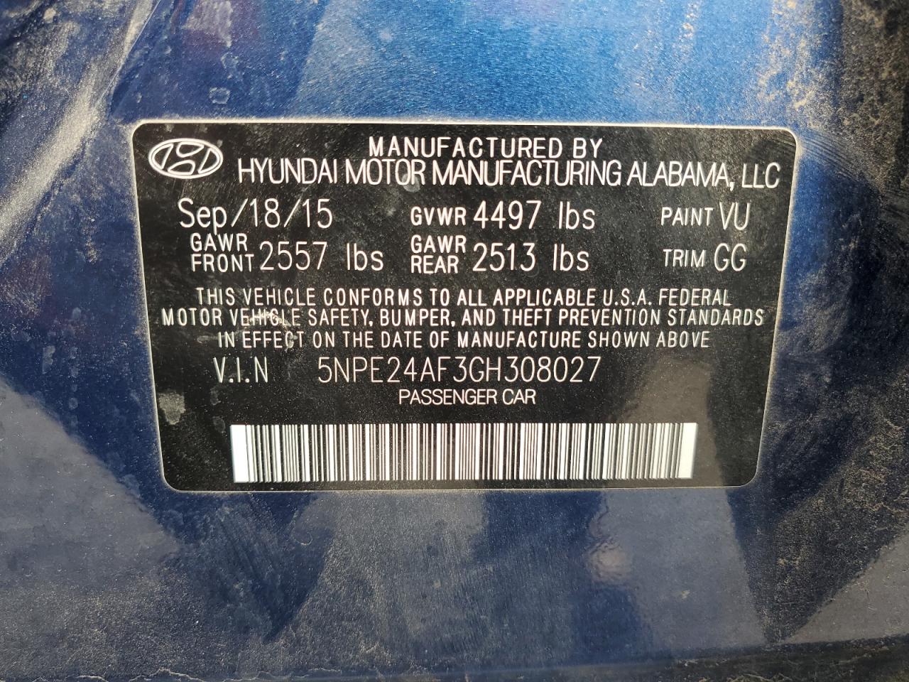 2016 Hyundai Sonata Se VIN: 5NPE24AF3GH308027 Lot: 91682285