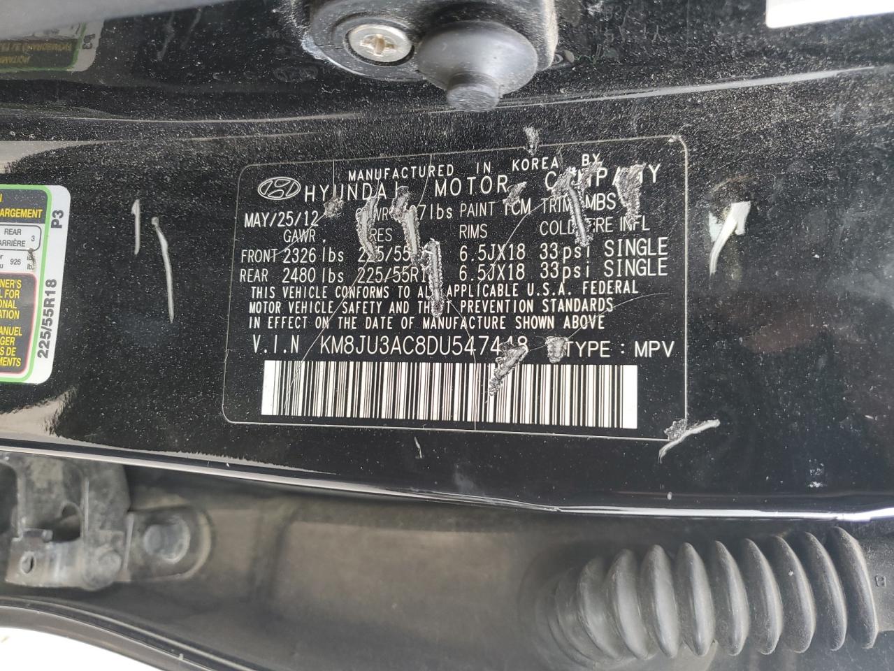 2013 Hyundai Tucson Gls VIN: KM8JU3AC8DU547448 Lot: 90944575