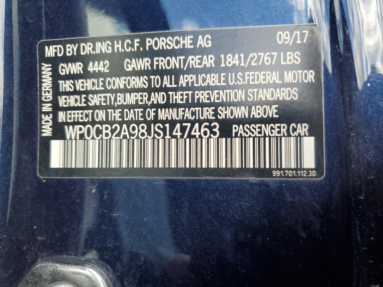 2018 Porsche 911 Carrera S VIN: WP0CB2A98JS147463 Lot: 92068055