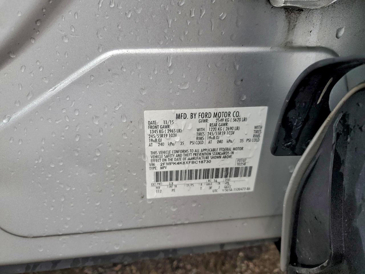 2015 Ford Edge Titanium VIN: 2FMPK4K8XFBC18730 Lot: 94275245