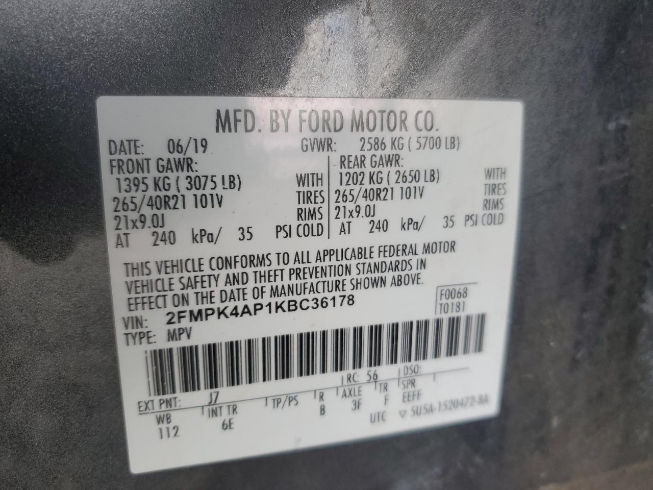 2019 Ford Edge St VIN: 2FMPK4AP1KBC36178 Lot: 93330945