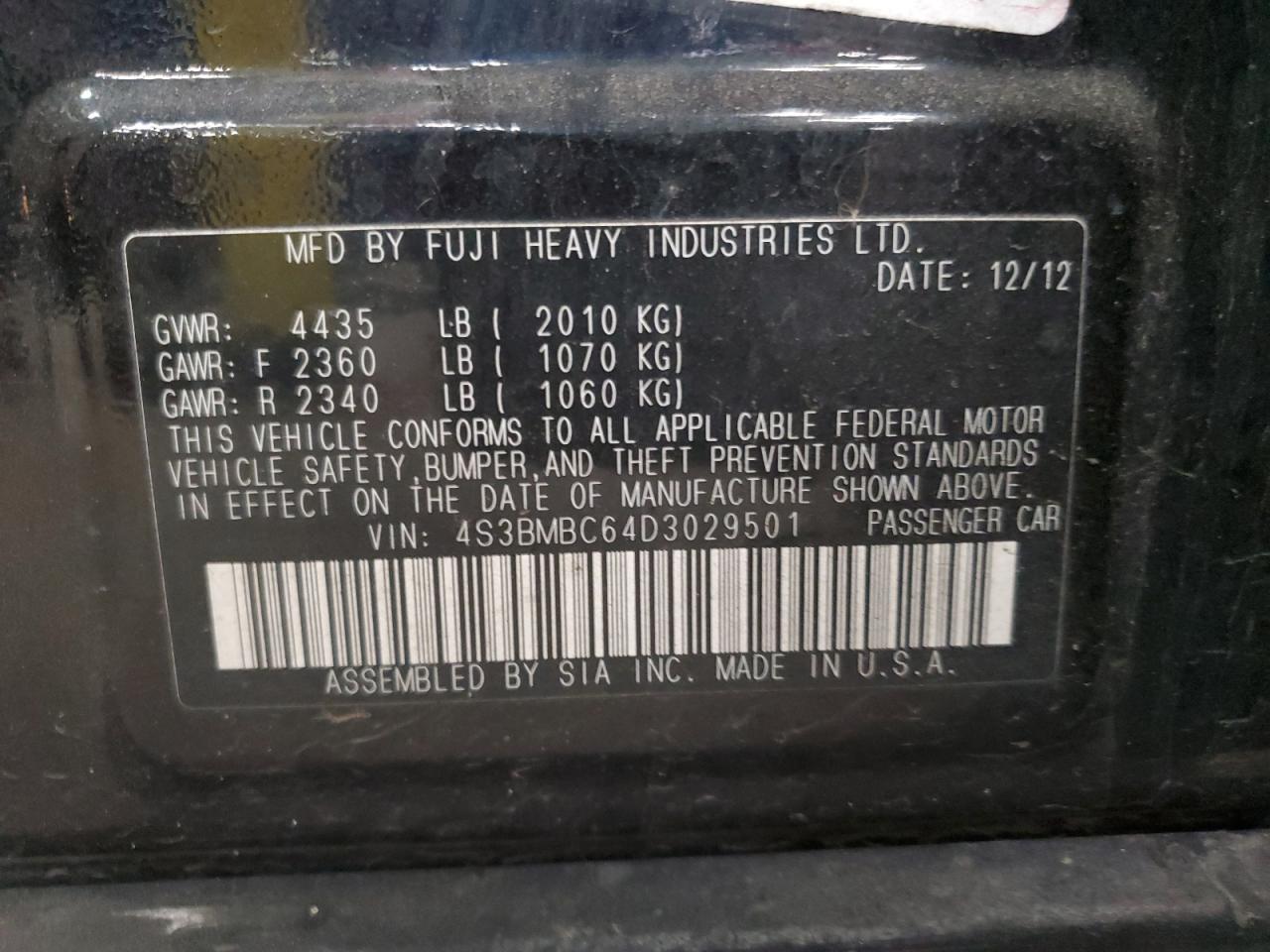 2013 Subaru Legacy 2.5I Premium VIN: 4S3BMBC64D3029501 Lot: 91649475