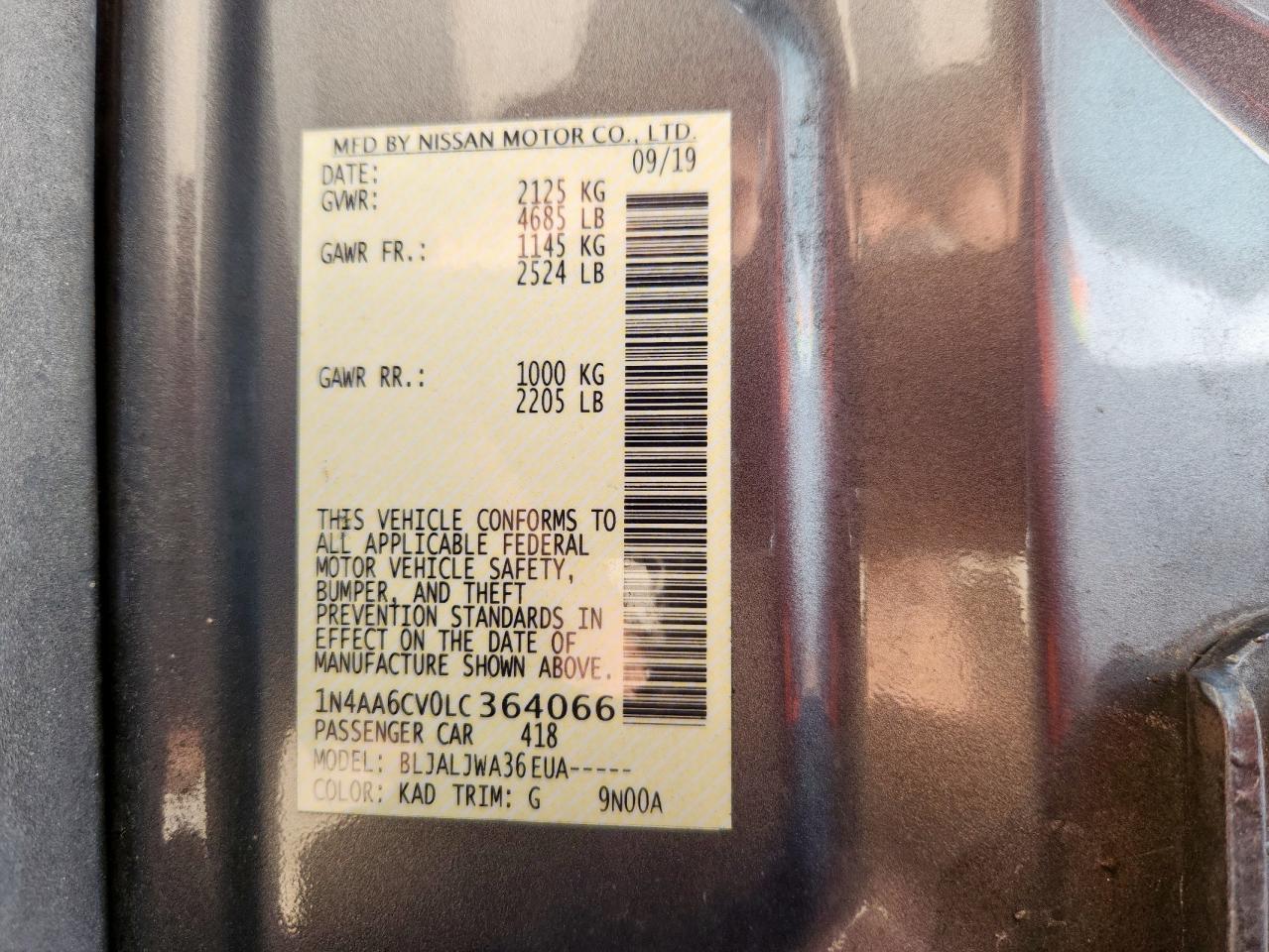 2020 Nissan Maxima Sv VIN: 1N4AA6CV0LC364066 Lot: 92670485