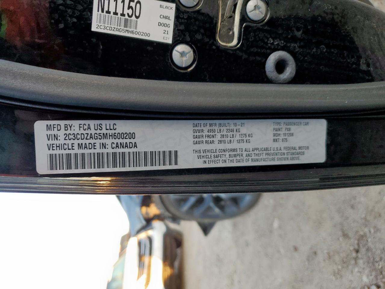 2021 Dodge Challenger Sxt VIN: 2C3CDZAG5MH600200 Lot: 91351255