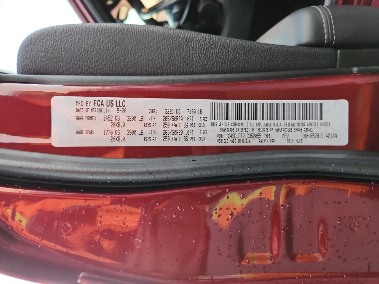 2020 Dodge Durango R/T VIN: 1C4SDJCT2LC352055 Lot: 91741665