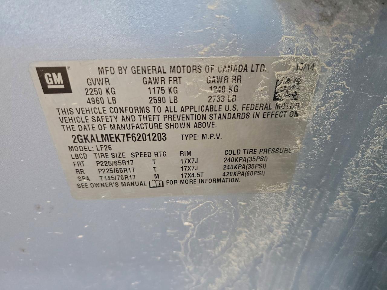 2015 GMC Terrain Sle VIN: 2GKALMEK7F6201203 Lot: 94090385