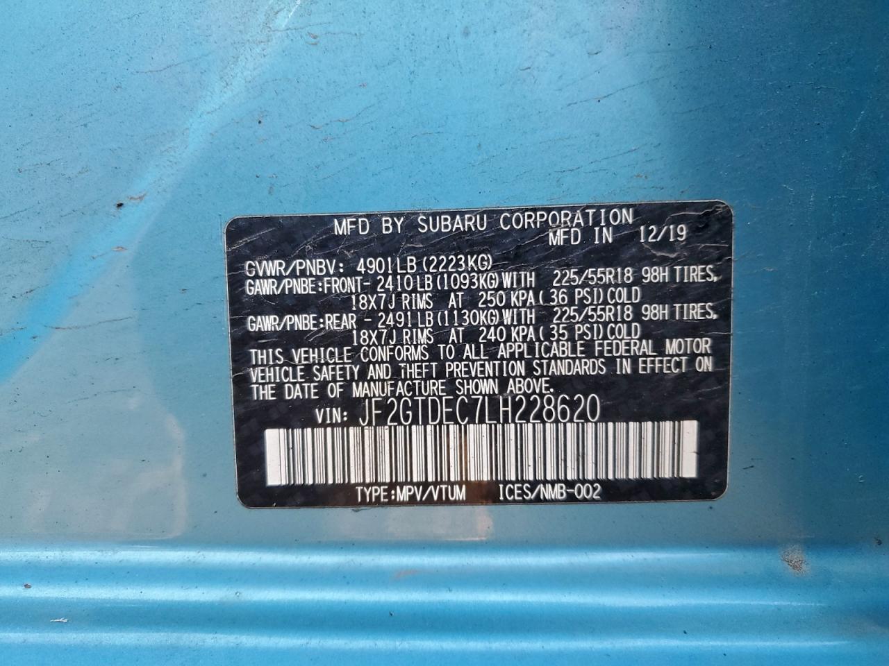 2020 Subaru Crosstrek Premium VIN: JF2GTDEC7LH228620 Lot: 94329075