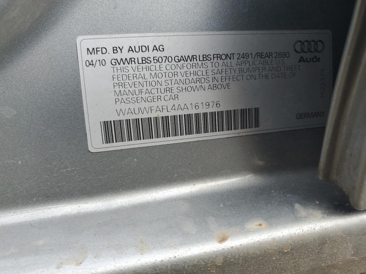 2010 Audi A4 Premium Plus VIN: WAUWFAFL4AA161976 Lot: 93416725