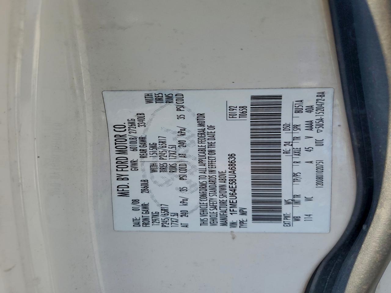 2008 Ford Explorer Eddie Bauer VIN: 1FMEU64E58UA68636 Lot: 93103765