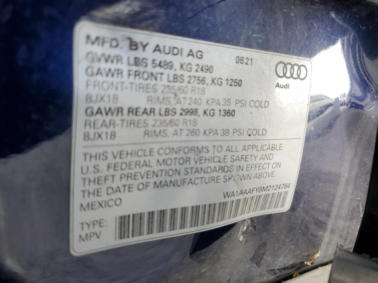 2021 Audi Q5 Premium VIN: WA1AAAFY8M2124784 Lot: 92010855